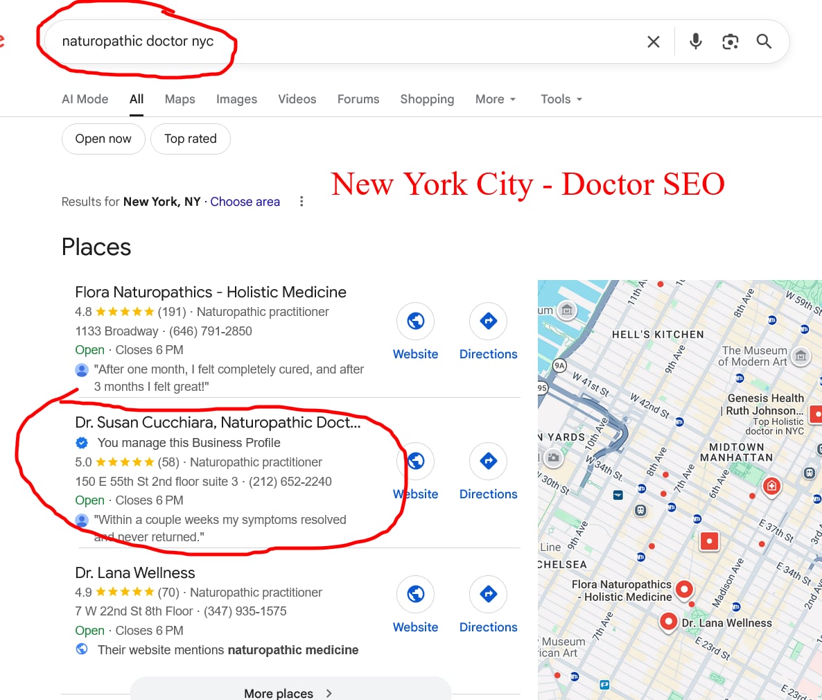 Google 3-pack ranking for naturopathic doctor nyc — Dr. Susan Cucchiara