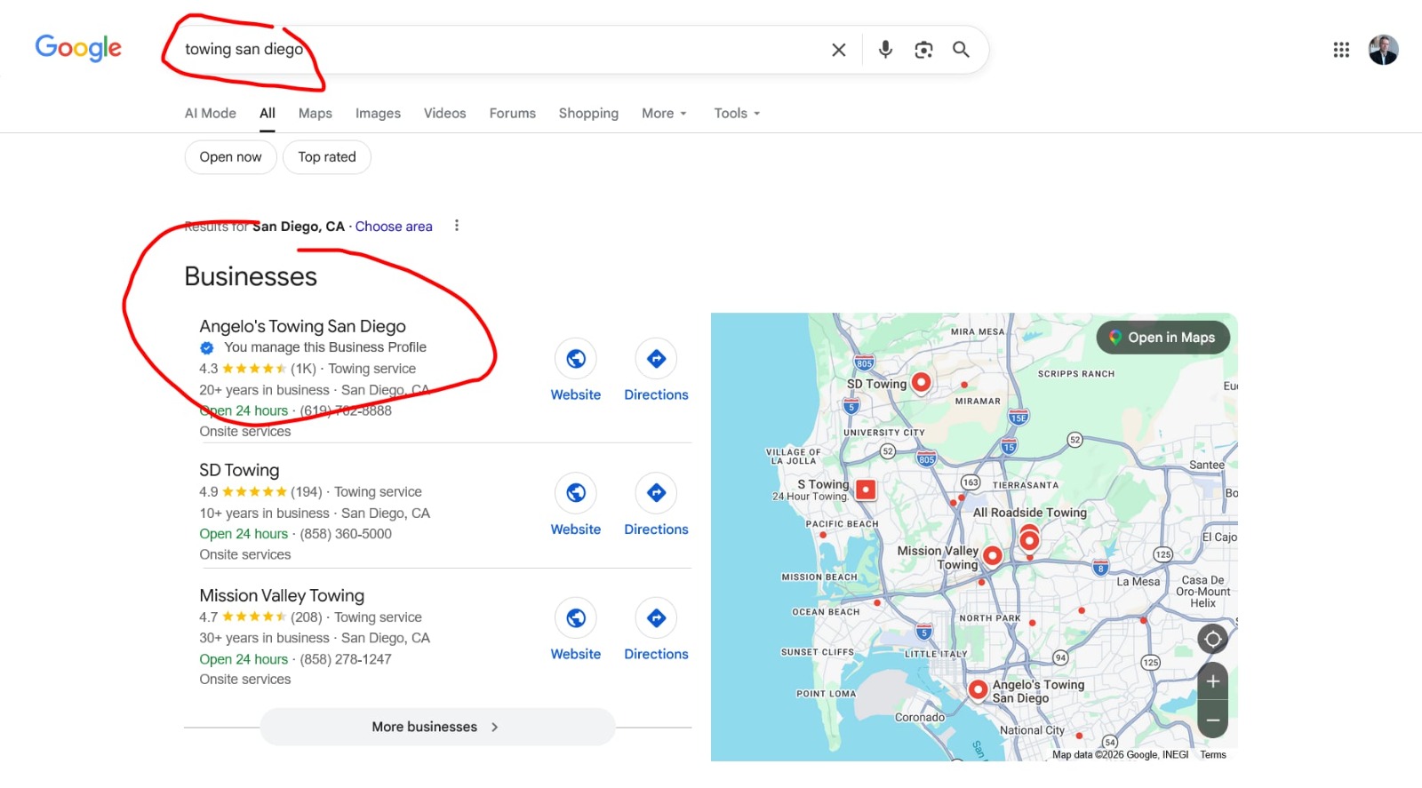 Google 3-pack ranking for towing san diego — Angelo's Towing #1